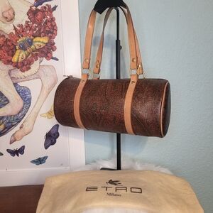 Etro | Vintage Papillon Natural Leather Burgundy Paisley Cylinder Mini Tote Bag